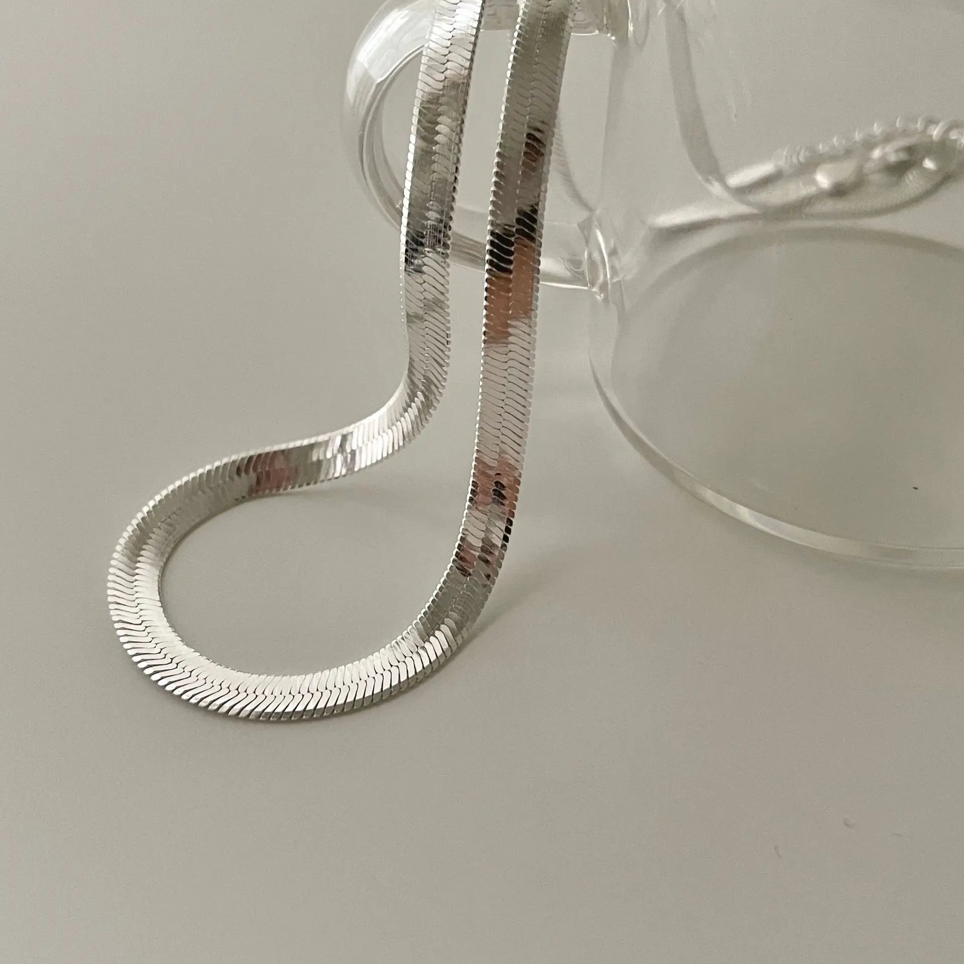 VIANRLA 925 Sterling Silver 4mm Herringbone Chain Necklace 41cm Flat Snake Chain Necklace