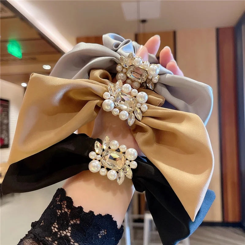Pearl Bow Headband Ribbon Bow Hair Tie Satin Silk Hair Scrunchies Girls Ponytail Holder Elastic Hair Tie