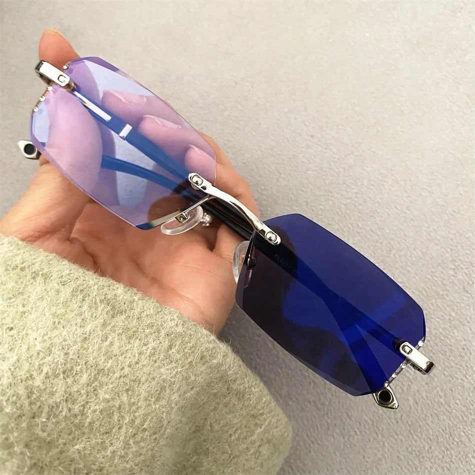 TR90 Anti Reflet Blue Light Frameless Photochromic Lenses Glasses Outdoor Indoor Polygon Small Rectangle Rhinestone Photogray
