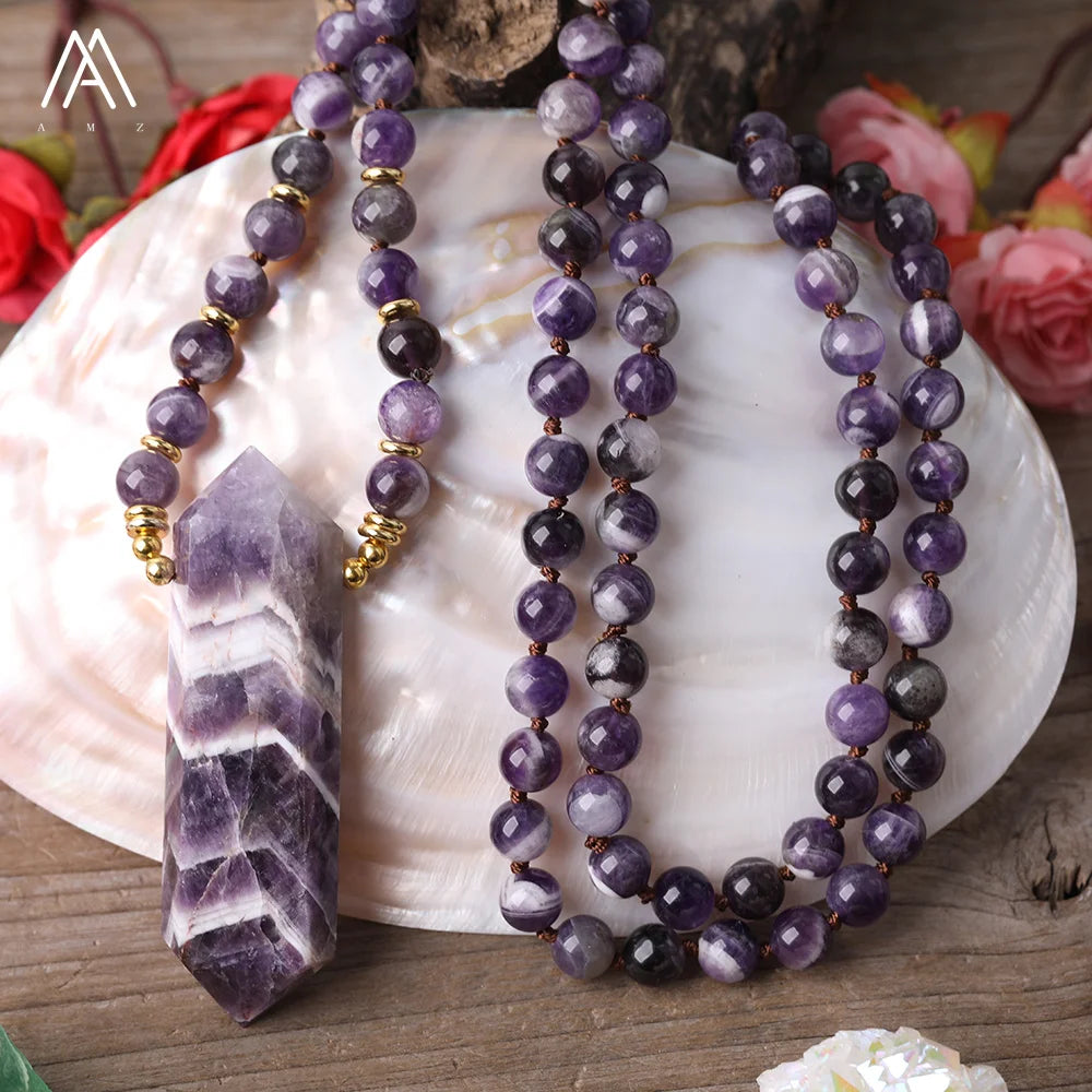 Dream Amethyst Mala Necklace  108 Mala Beads  Healing Crystal Double Point Pendant Meditation Energy Jewelry