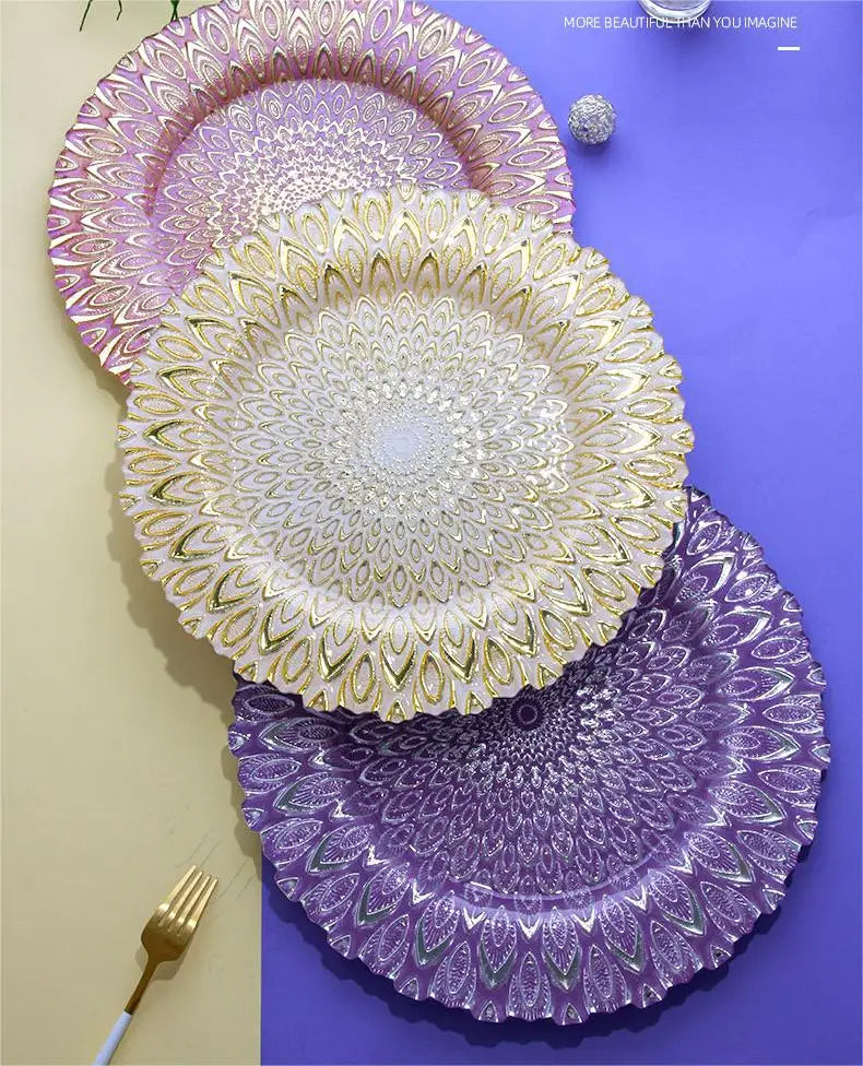 Wholesale Kaly's 13 Inch Luxury Blue Green Peacock Pattern Eco-Friendly Handpainted Charger Glass Plates Western Style Party