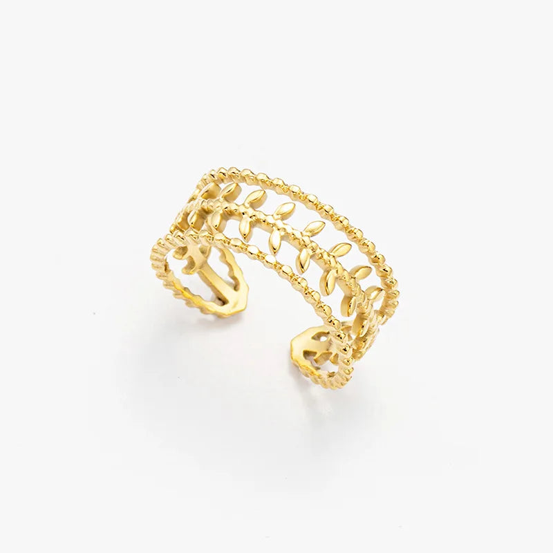 Hollow Leaf Titanium Steel Ring Vintage 14K Gold Non Fading Ring