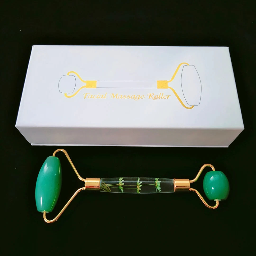 HY Popular in japan and korea flower handle green aventurine jade facial massage roller with box