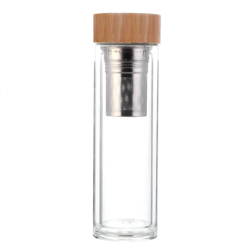 350/450ml Double Wall Glass Water Bottles Bamboo Lid Tea Infuser Glass Drink Bottle