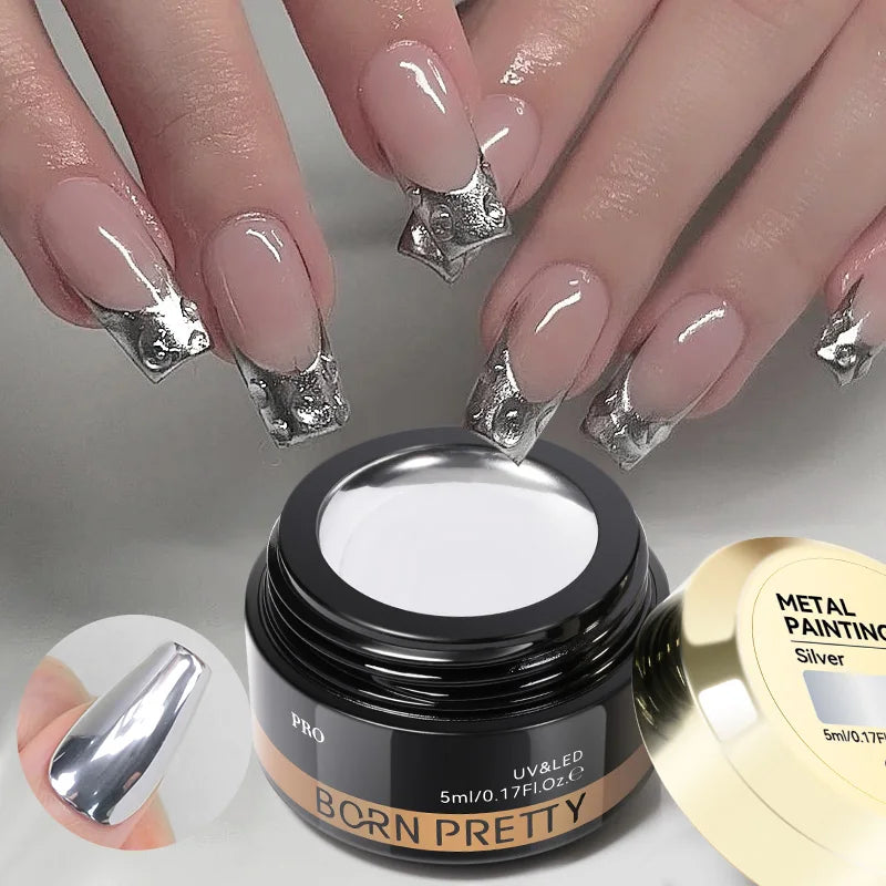 BORN PRETTY PRO Super Silver Glossy Metallic Gel Polish for Nails 3D Mirror Effect Chrome Painting Gel Nail Art Manicure Vanish
