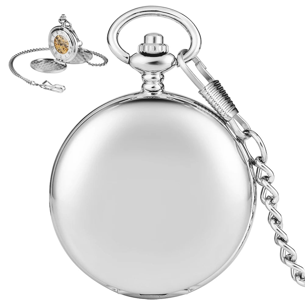 Wholesale Twin Open Plain Smooth Case Skeleton Mechanical Pocket Watch With Chain Double Hunter Steampunk Locket Watch for Men