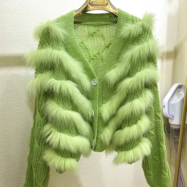 2024 Women Short Knitted Sweater Cardigan Coat Lomg Sleeve Button Closure Sewed with Real fox Fur Wide Version Loose Jacket