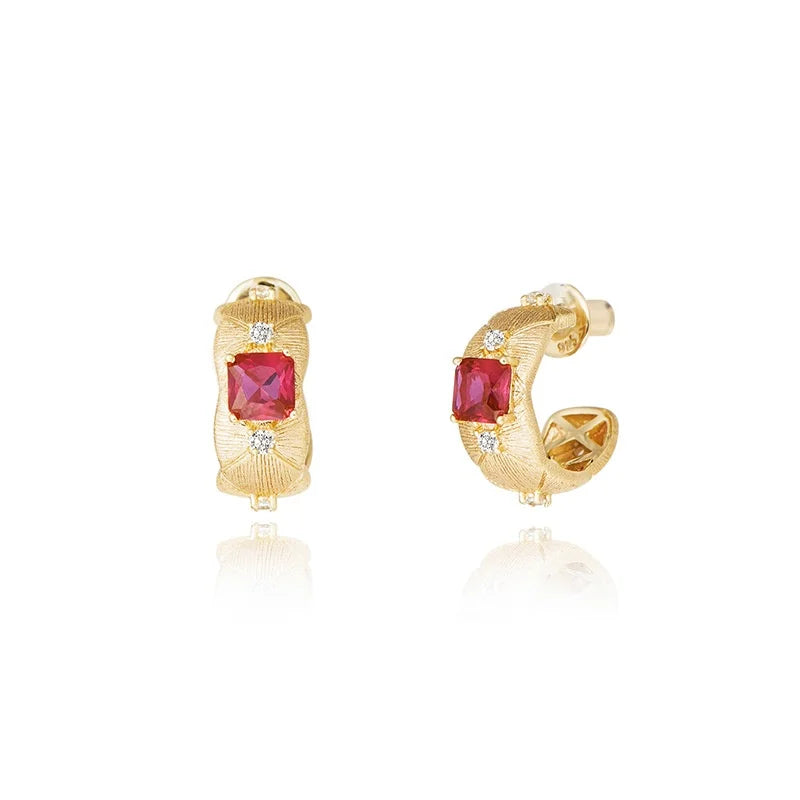 Aimgal Retro Leb Ruby Princess Cut Geometric Small Stud Earrings Brushed 925 Silver Plated 18k Gold Luxury Gemstone Fine Jewelry