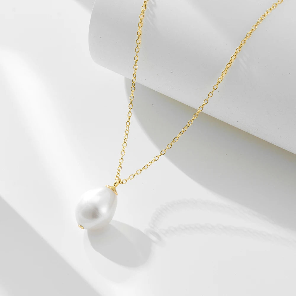 Vintage Elegant Single Pearl Necklace Jewelry Gold Plated 925 Sterling Silver Baroque Freshwater Pearl Clavicle Chain Necklaces
