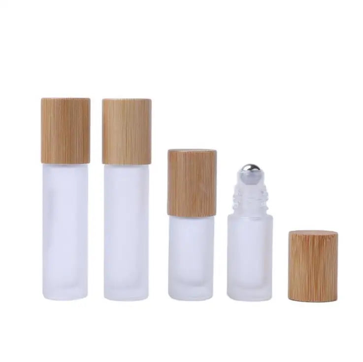 In Stock 5ml 10ml Frosted clear Glass Roll on Bottle With Steel Roller and Real Bamboo Lid for Essential Oil Perfume