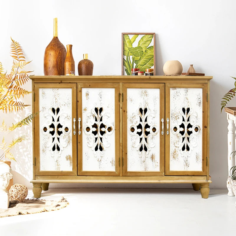 INNOVA Living Room Accent Panel Carved Cabinet 3 Doors Solid Wood Storage Handmade Farmhouse Entry Hotel Home Bar Dining