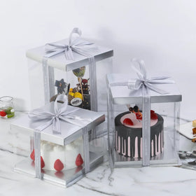 High Quality Silver Paper Lid Clear Cake Box for 6 8 10 12 14 Inch Cakes Caja De Pastel De Plata Cajas Para Tortas