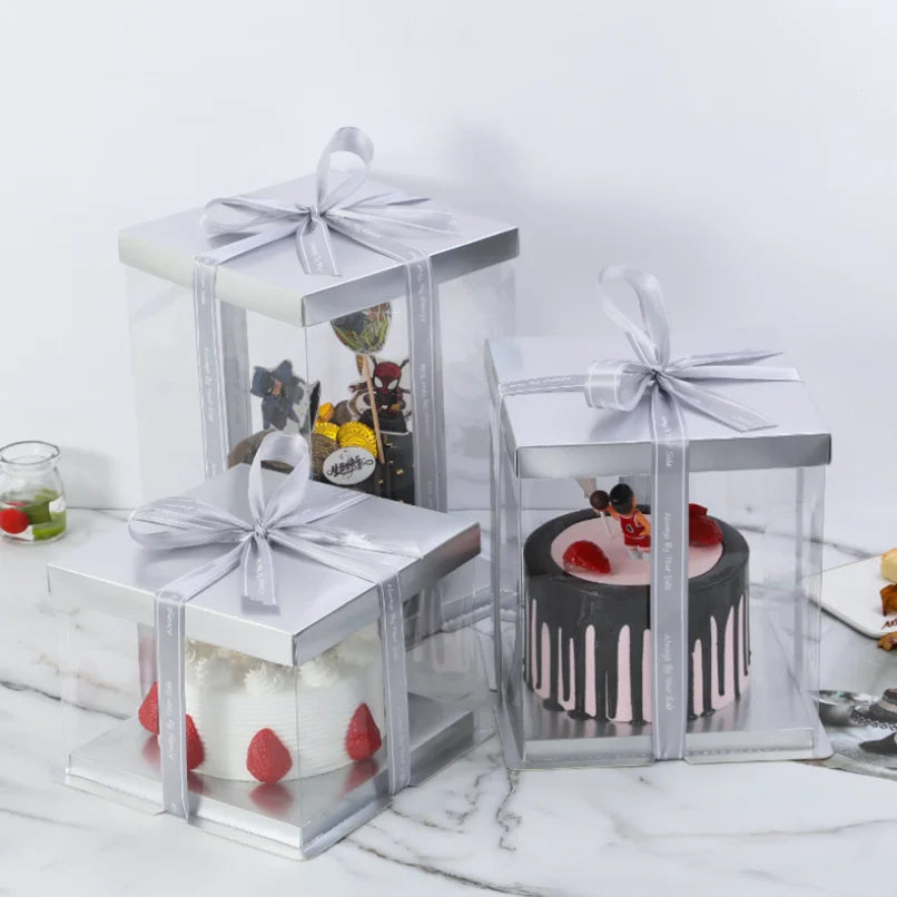 High Quality Silver Paper Lid Clear Cake Box for 6 8 10 12 14 Inch Cakes Caja De Pastel De Plata Cajas Para Tortas MegaBDM