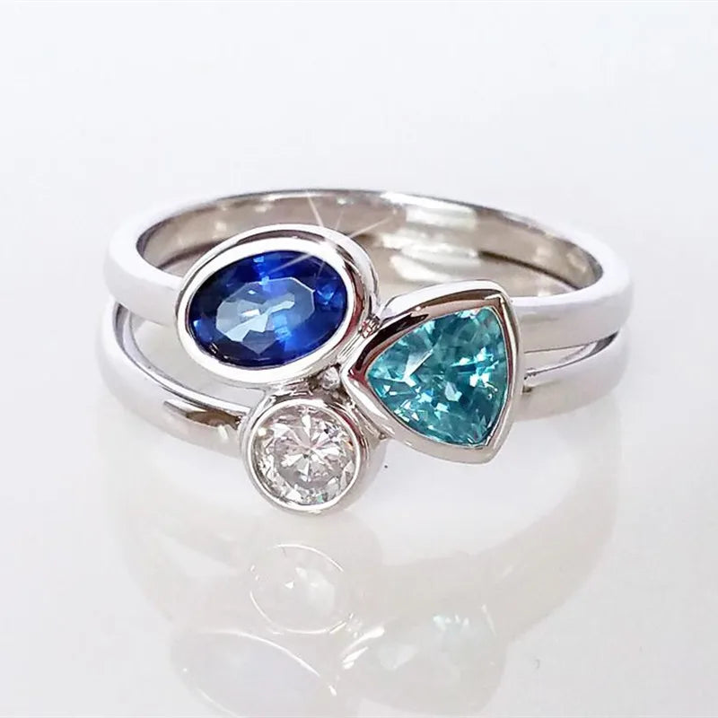 Huitan Wholesale Fever Special Three Different Stones Women Rings Blue White Trendy Rings Party Fashion Ring Silver 925 Brass /
