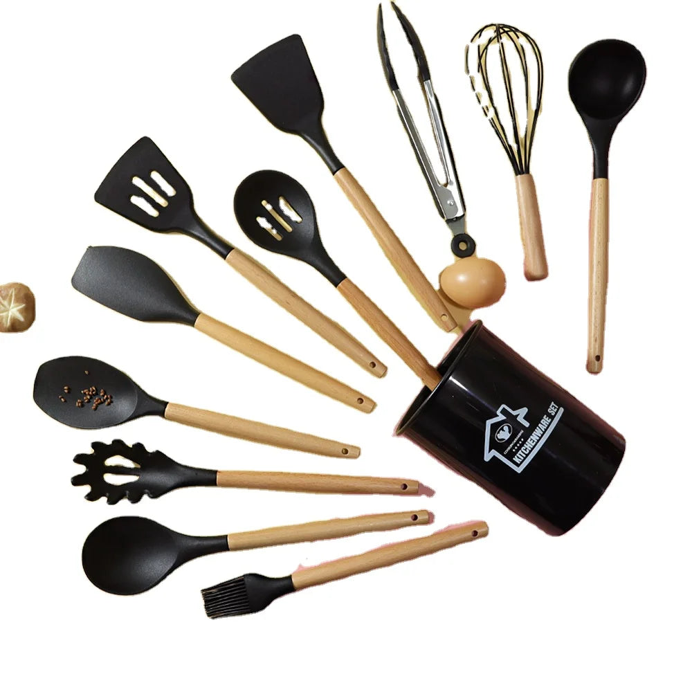 Manufacturer's Hot Selling 12 Kitchen Accessories Kitchenware Kitchenware Silicone Wooden Handle Kitchenware Set