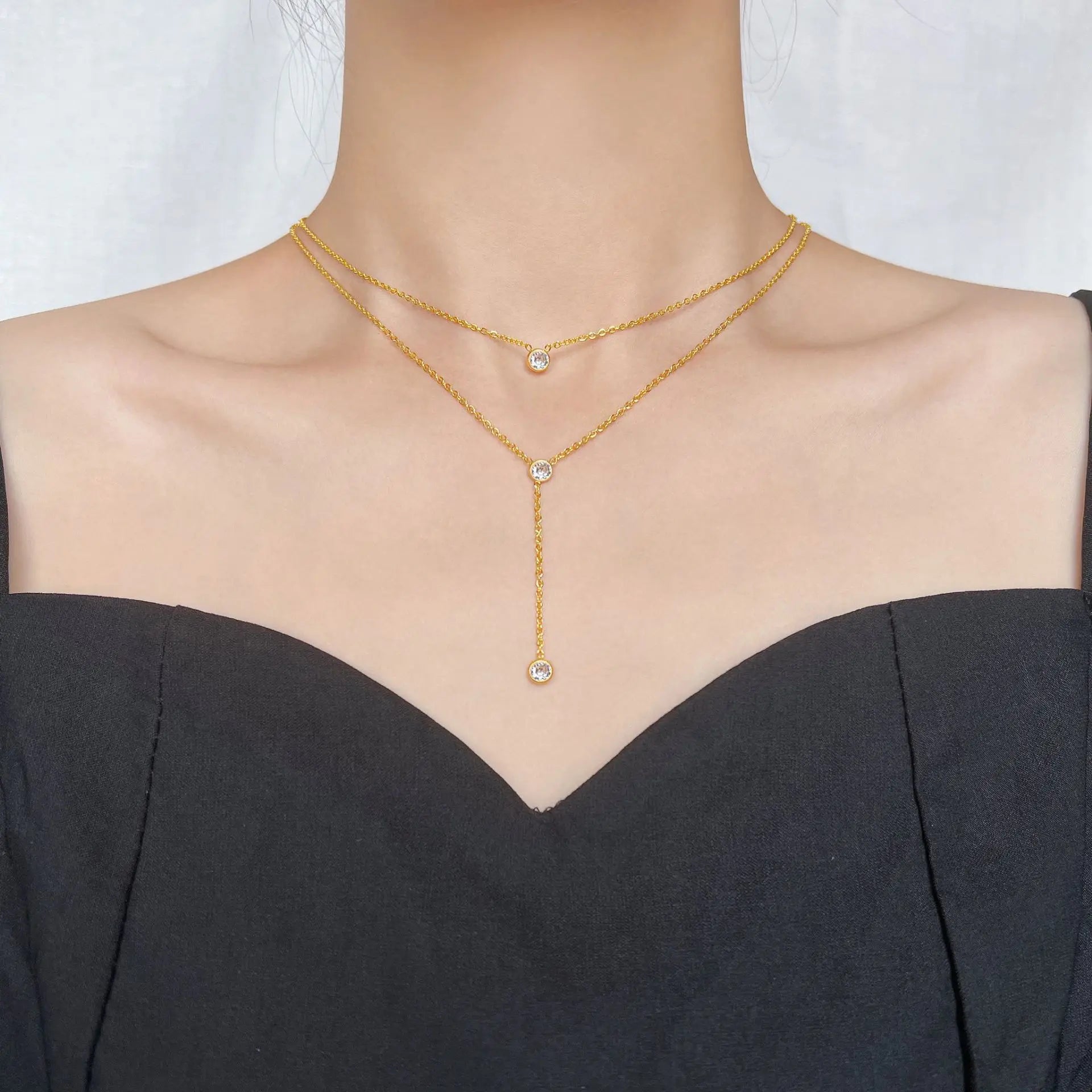 Trendy Design Zircon Double Layered Necklace Stainless Steel Sweater Chain Layered Pendant Necklace for Women Girls