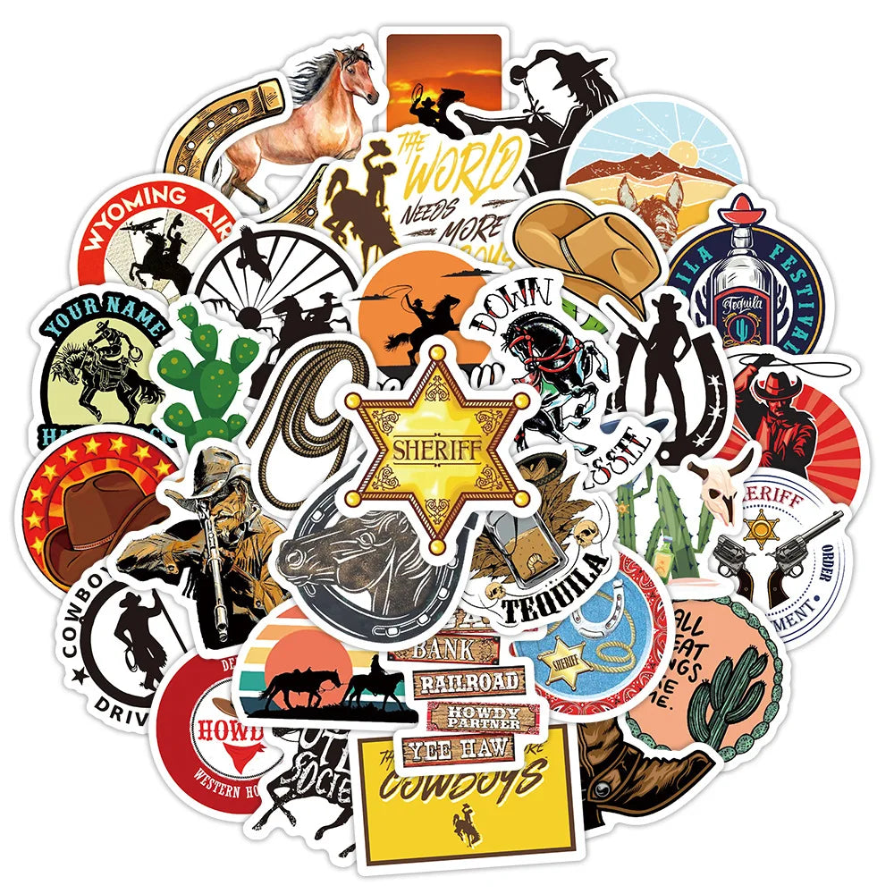50PCS Cool Wild West Cowboy Sticker Horse Vintage Waterproof Decals