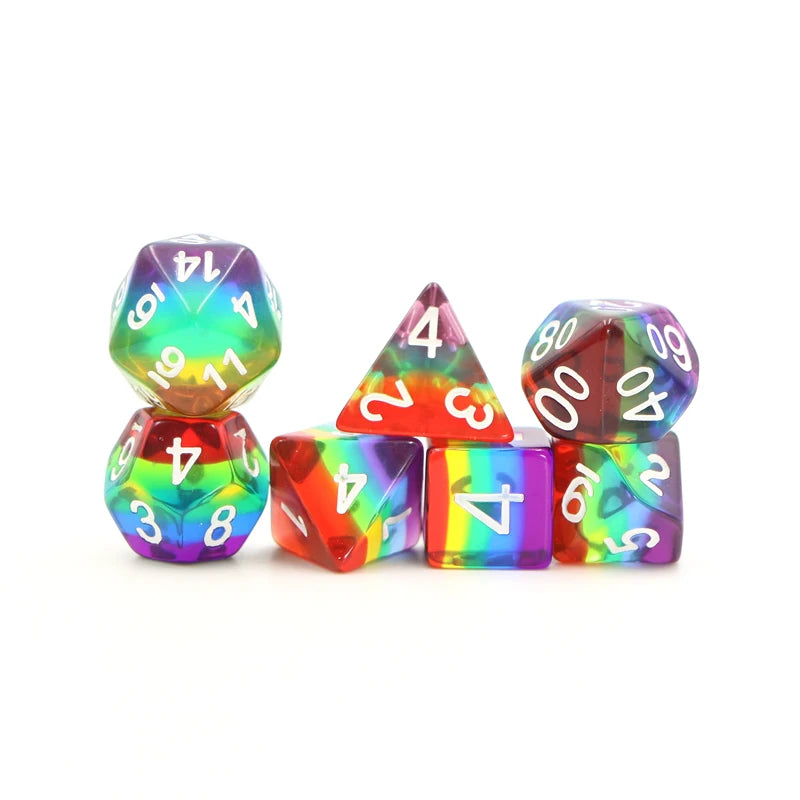 Custom Luxury 16mm Resin Polyhedral Dnd & RPG Dice Transparent rainbow with White Ink 5 Colors Soft Edge Soft Edge Packaging