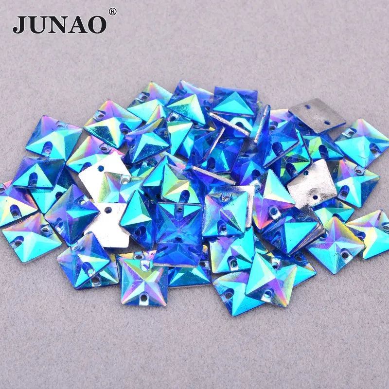 JUNAO 10mm Sewing Square Rhinestones 1000pcs Crystal Strass With Hole Square Resin Gemstones in Bulk for Crafts