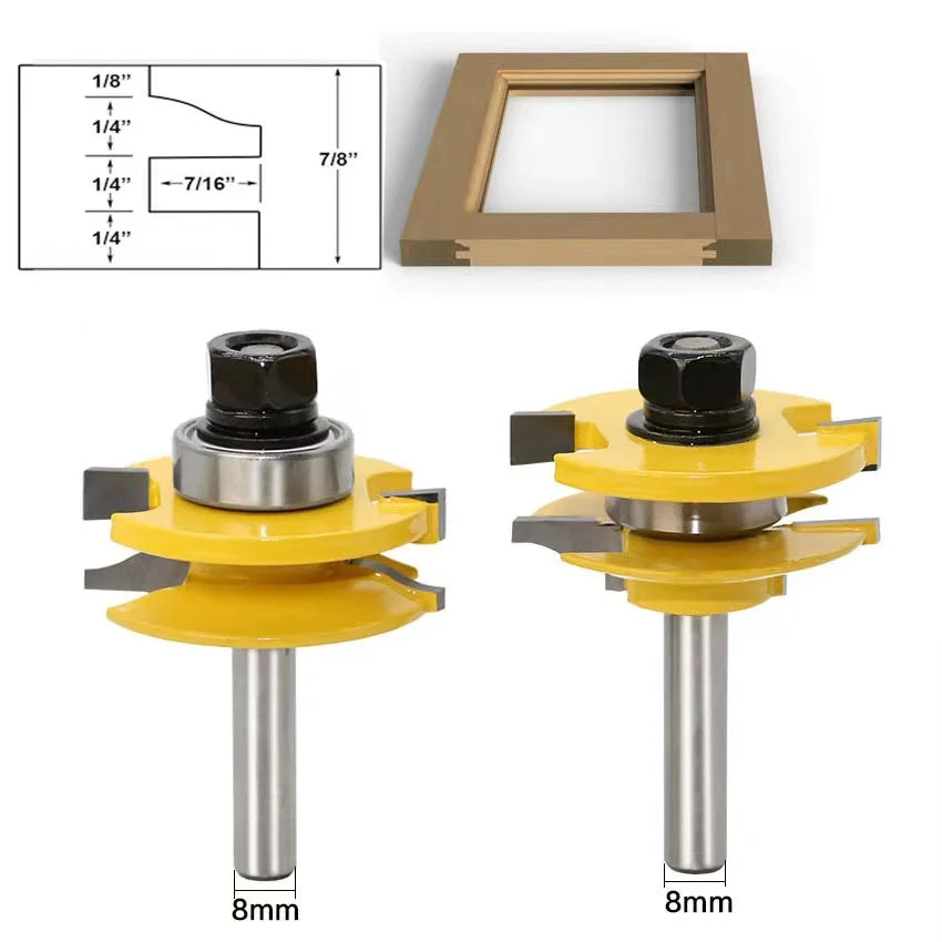 L-N003 8# 2 Bits Rail & Stile Router Bit Set  Bevel -1/2" 8mm Shank Door Knife Woodworking Cutter Tenon Cutter