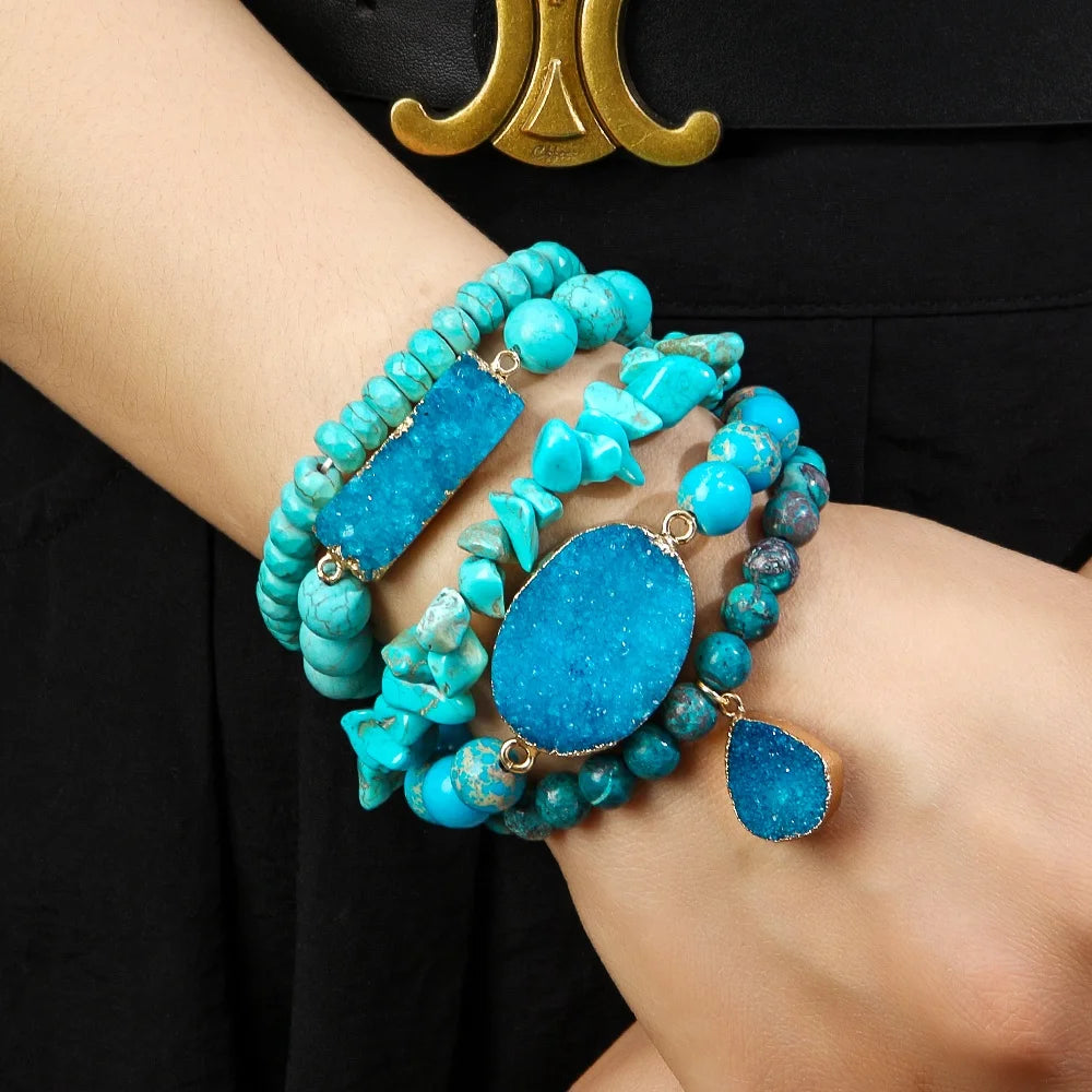 Fashion Designer 5pc Chip Stone Beaded Bracelet Natural Stone Druzy Stack Bracelet Sets