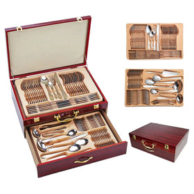 Tradition Wooden Box 72 PCS Cutlery Set Stainless Steel Silver Flatware Sets