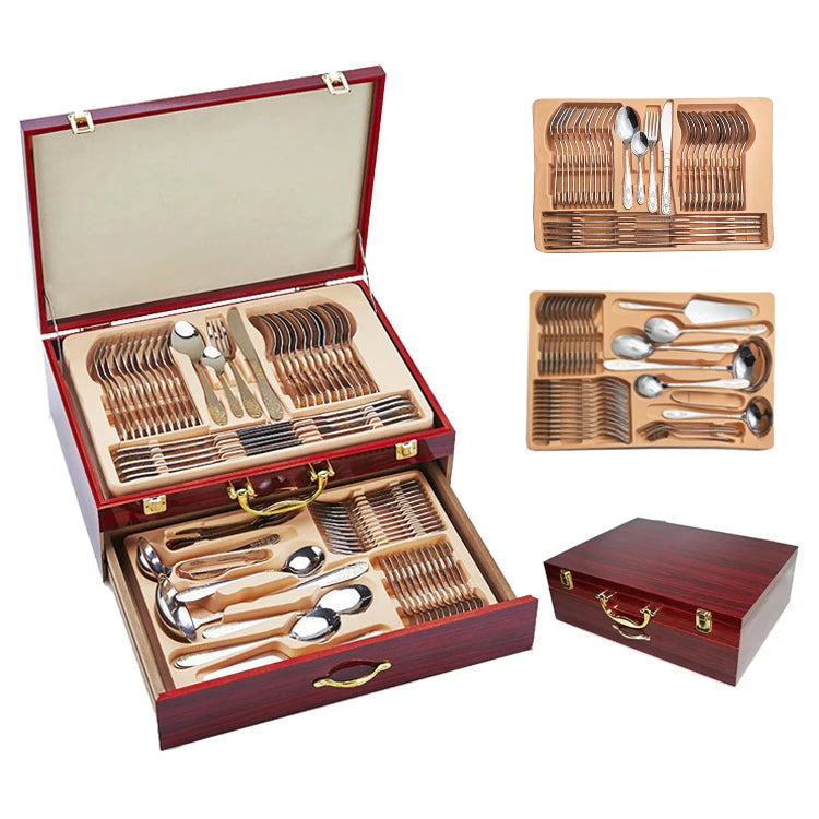 Tradition Wooden Box 72 PCS Cutlery Set Stainless Steel Silver Flatware Sets