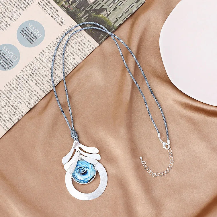 TongLing European Long Sweater Necklace Blue Rope Flower Pattern Necklace for Daily Wearing