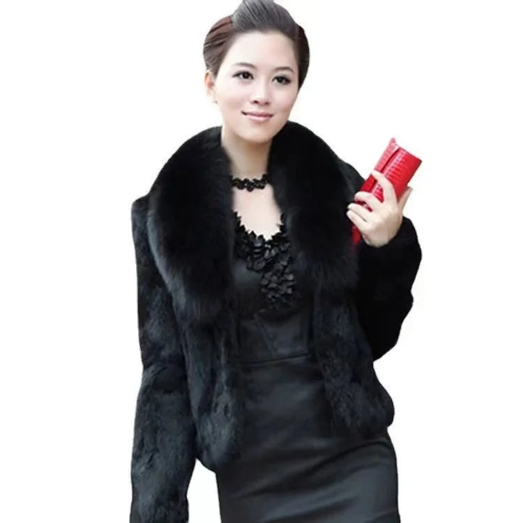 Women's Real Genuine Natural Rabbit Fur Coat With fox Fur Collar Girl's Fashion Fur Jacket Short Style Outwear Custom Big Size