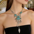 Bohemian Silver Gold Fashion Necklace Inlay Irregular Geometry Necklace Blue Gem Coin Leaf Tassel Necklace Women Jewelry