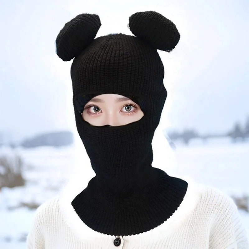 Unisex Knitted Horns Balaclava Face Mask Winter Warm Beanie Hat Earflap Hood One Hole Skimask White Pink Red Sports Fishing