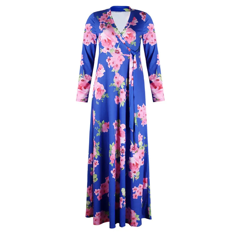 2022 New Ins Hot Selling Plus Size Floral Print Skirt Long Sleeve Maxi Split Dress for Women