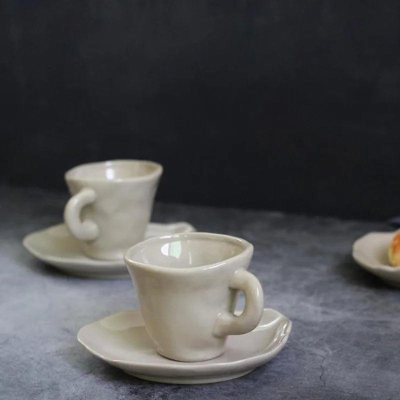 Solhui Irregular White CeramicTurkish Handmade Coffee Mug 200ml Stone Cups with Plate