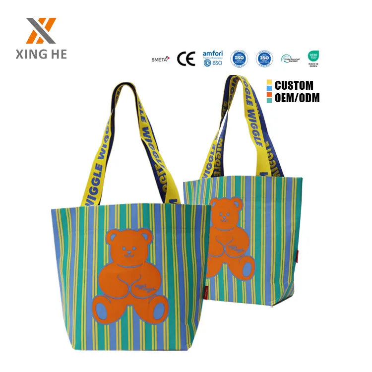 Customized Portable RPET Tote Bags Waterproof Laminated Recyclable Polypropylene Fabric Logo Woven Reusable Letter Shopping Gift