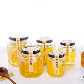 Hexagon Glass Honey Jar with Aluminum Lid Hand Blown for Homemade Jam Sugar Wedding Favors & Food Packaging