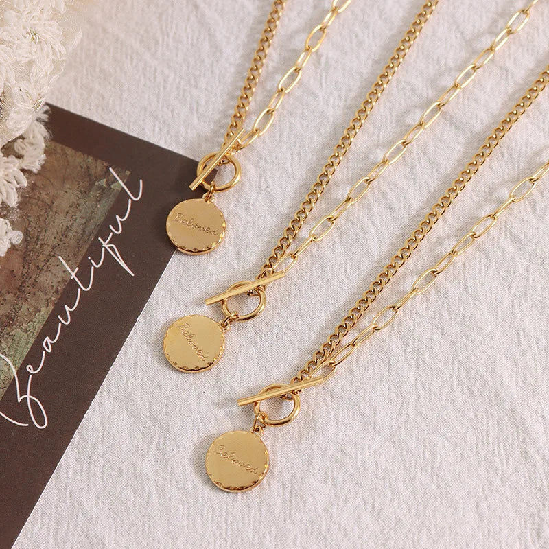 Dainty Gold Chain Women Letternecklace Stainless Steel Splicing Geometric OT Buckle Circular Pendants for Necklace