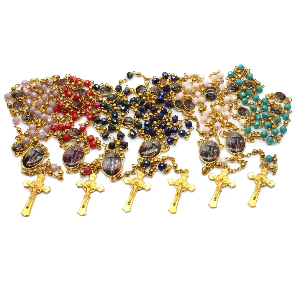 Religious Metal Bead Crystal Catholic Christian Cross Rosary Necklace
