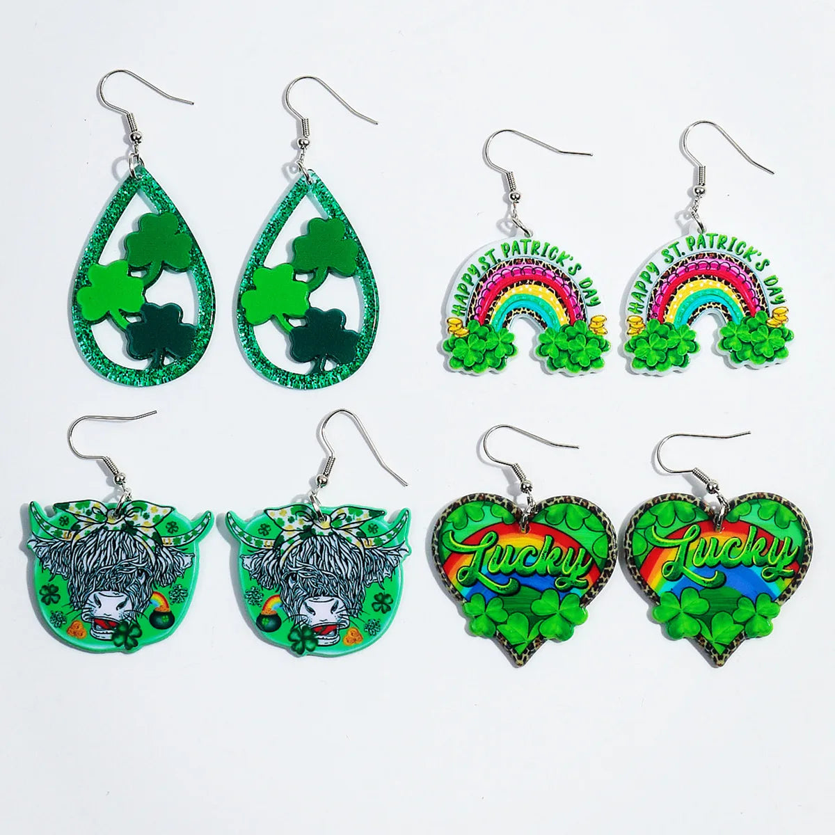 Wholesale Oktoberfest Fashion Jewelry Green Lucky Grass Happy St. Patrick's Day Cartoon Heart Printed Acrylic Earrings 2024