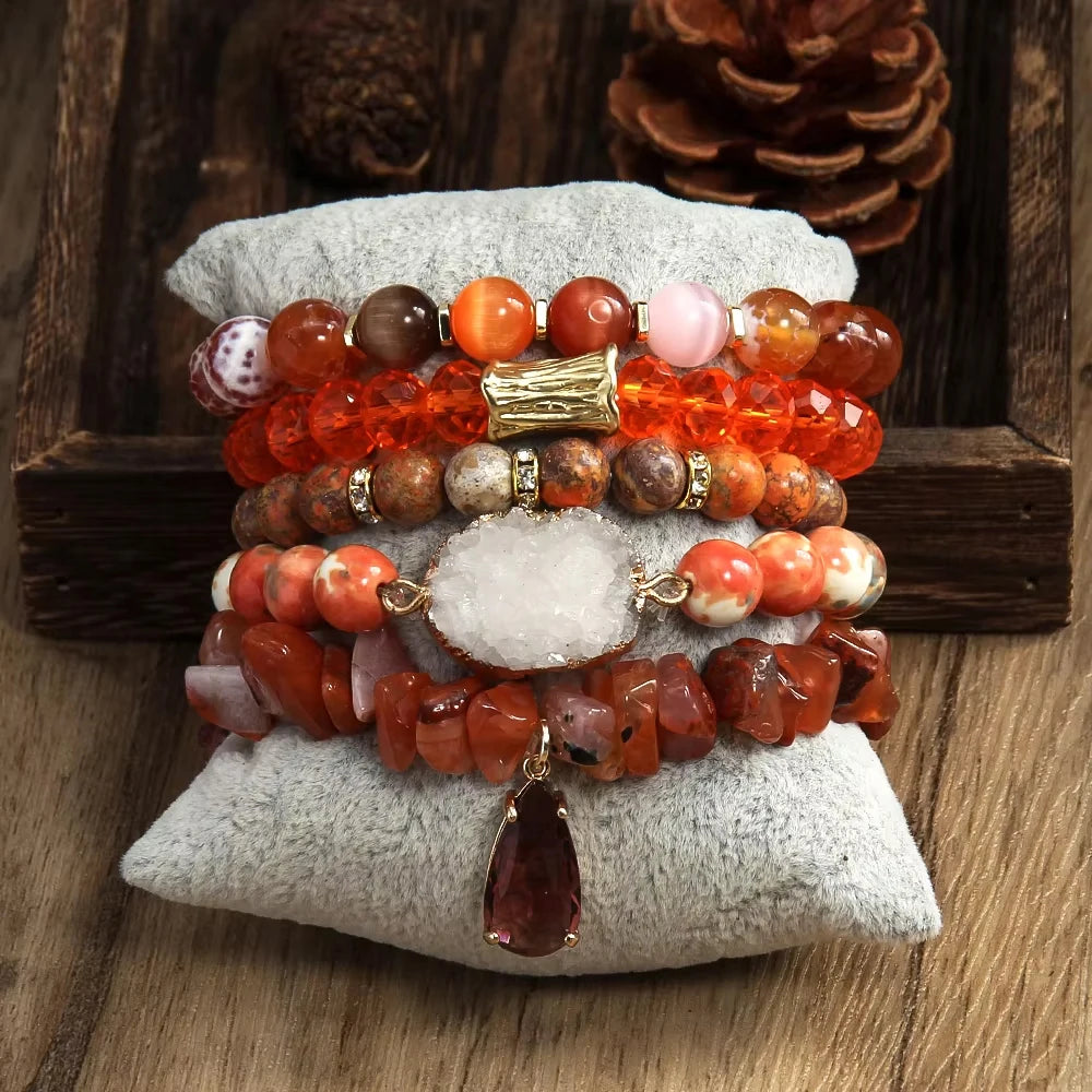 Bohemian Women Jewelry Orange Natural Stone Square Crystal Glass Zircon Dragonfly Elastic Bracelet 5pcs Stack Bracelet Set