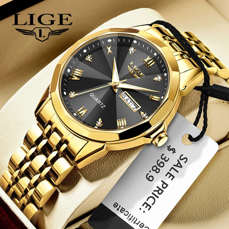 LIGE LG89109 Men Quartz Watch Waterproof Luminous Pointer Week Date Clock Stainless Steel Band 22mm Dial Diameter 41mm Glass
