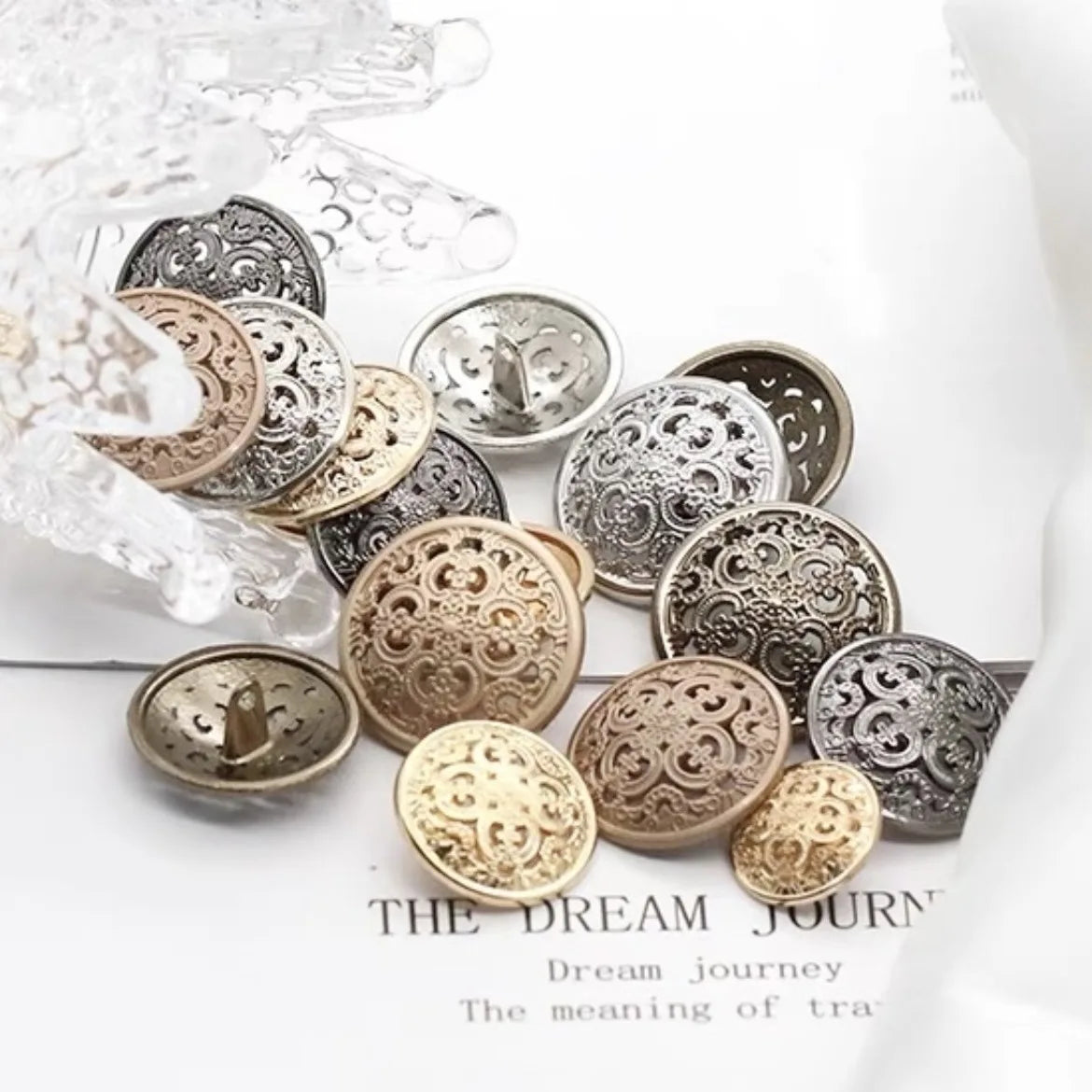 Designer Retro Round Hollow-carved Design Matte Gold Metal Shank Button