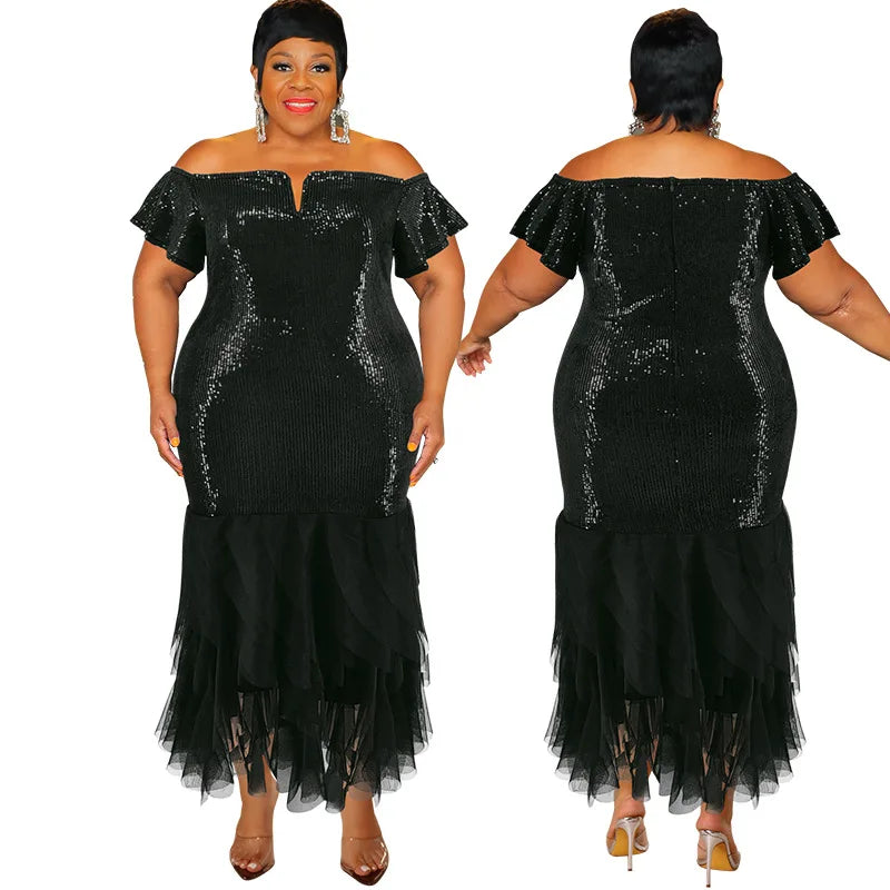 Y218605 Classic Plus Size Women Evening Dresses Off Shoulder Sequin Patchwork Mesh Party Dresses Women Long Dress