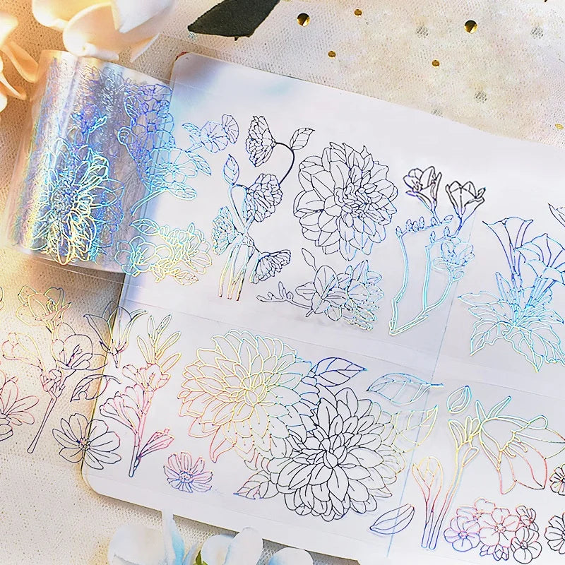 Customized Silver Floral Transparent Hologram Adhesive Sticker Single Sided PVC Die Cut Journaling Supplies Decorative Notebook