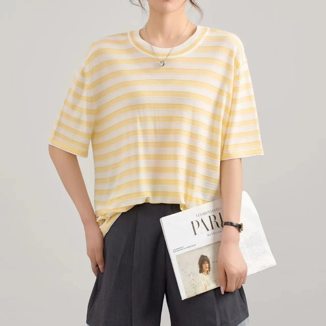 Factory Custom Women's Short Sleeve Intercolored Breathable Thin Knitted Summer Fashion Top