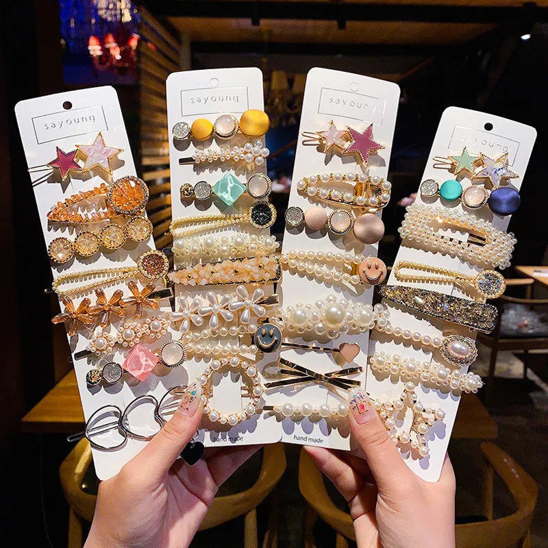 1set  Korean Fashion Rhinestone Hairpins Women Girls Crystal Bow  Hair Clips Accessories Pearl Hairgrip Headdress