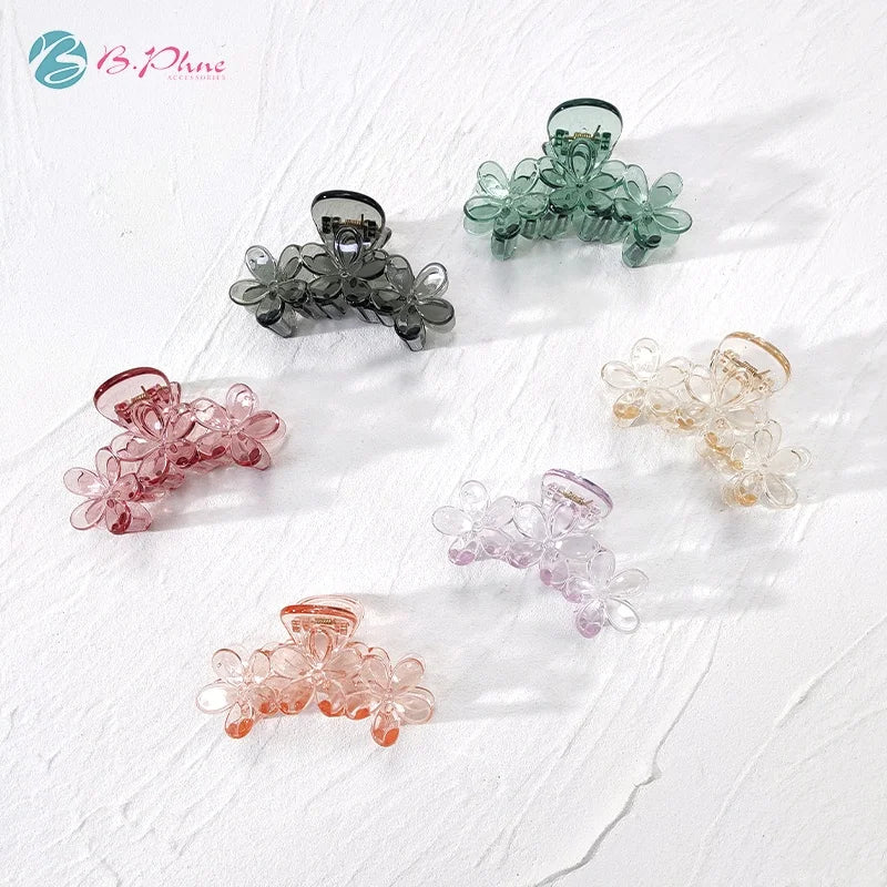 Korean Flower Shape Transparent Acrylic Hair Claw Clip Elegant Candy Color Hair Claw Clips for Thick Hair