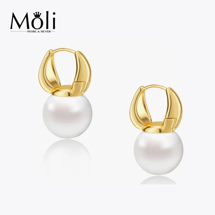 Fashion Jewelry Gold Plated Big Size Freshwater Edison 11-12mm Round Pearl Huggie Earrings