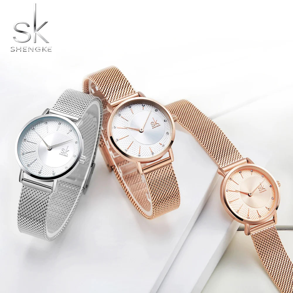 SK K0093 Fashion Design Ladies Wrist Watch Stainless Steel Mesh Bracelet Women Quartz Watches