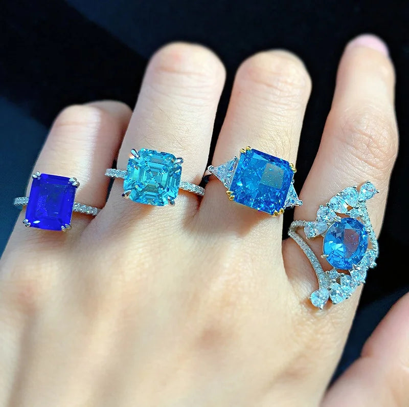 Wholesale High Quality High Carbon Diamond Ice Cut Blue Zircon Ring Engagement 925 Sterling Silver Ring