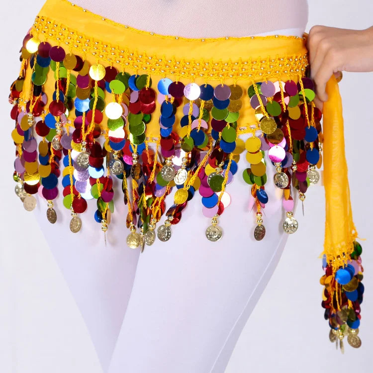 Fashionable Women's Belly Dance Performance Multicolored Sequin Tassel Wrap Hip Scarf Skirt for Dancing Body Chain